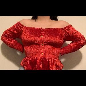 Off shoulder red velvet top
